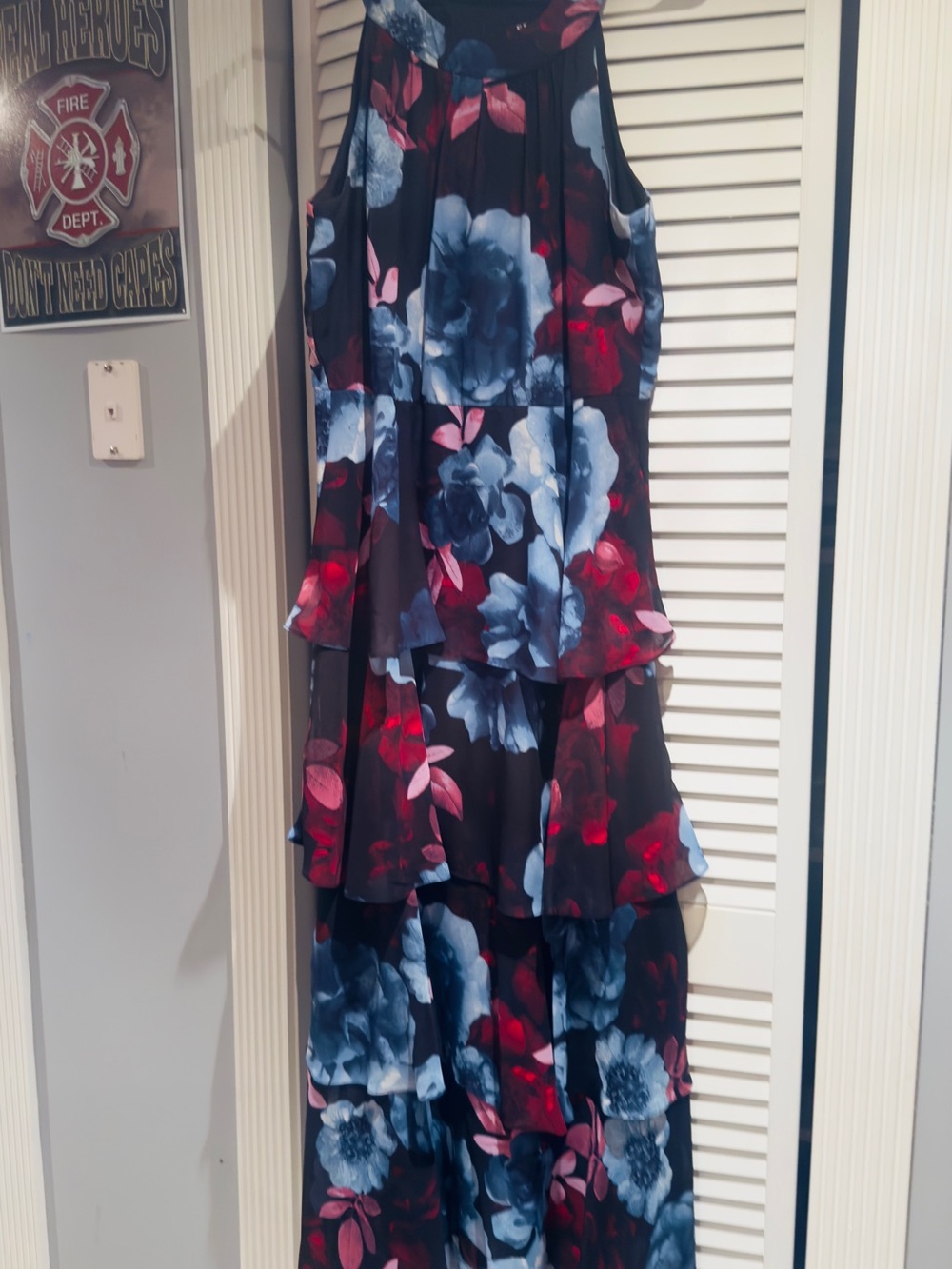 SLNY Black Tiered Maxi Dress with Blue & Red Floral Print